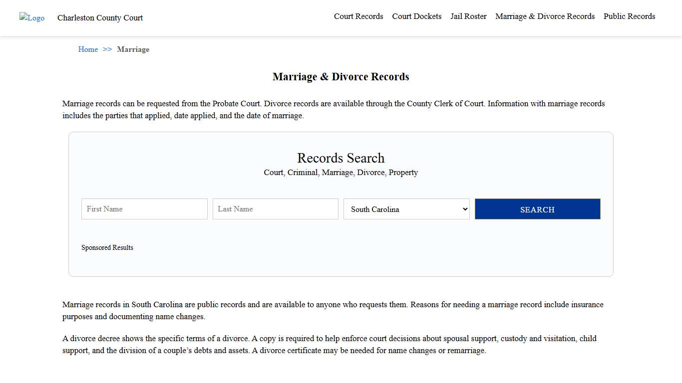 Marriage & Divorce Records Charleston County Court